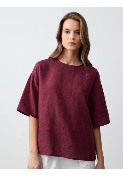 Jimmy Key Bordo %100 Keten Rahat Kesim Kısa Kollu Bisiklet Yaka Bluz 5sw032574562