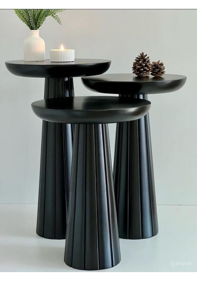 Simillo Wood Wooden Siyah Ahşap 3 Lü Set Fitilli Mantar Yan Sehpa Modern Siyah Renk Fiskos Siyah