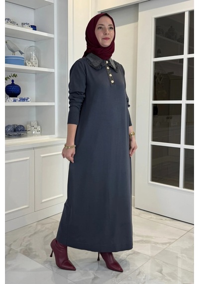Rabia Şamlı Derya Dantelli Triko Elbise Antrasit Normal