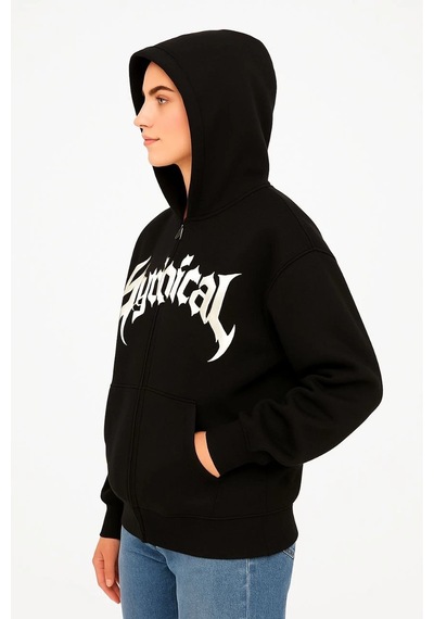 Kadın Kapüşonlu 3 İplik Şardonlu Önü Baskılı Fermuarlı Oversize Sweatshirt - Siyah