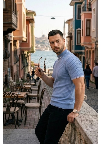 Erkek Fitilli Triko Dokuma Kısa Kol Tişört Yarım Boğaz Modern Yazlık T-shirt - Bebe Mavisi