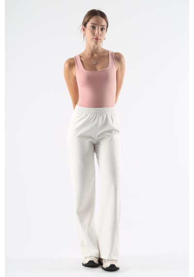 Dokuma Beyaz Geniş Paça Beli Lastikli Basic Uzun Kadın Pantolon Sh191 S