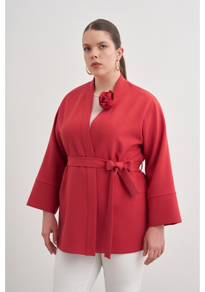 Aker Kırmızı Kumaş Broşlu Kimono Kırmızı Kırmızı