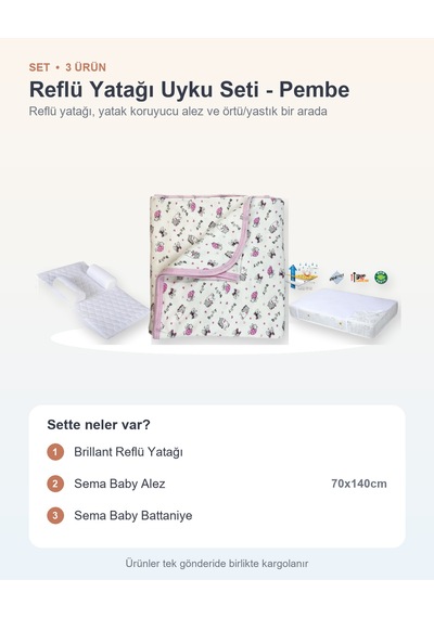 Reflü Yatağı Uyku Seti 3 Parça: Brillant Reflü Yatağı + Sema Baby Alez + Sema Baby Battaniye - Pembe