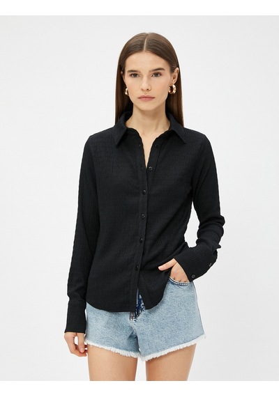 Koton Slim Fit Gömlek Uzun Kollu Bürümcük Kumaş Siyah 3sak60013ek