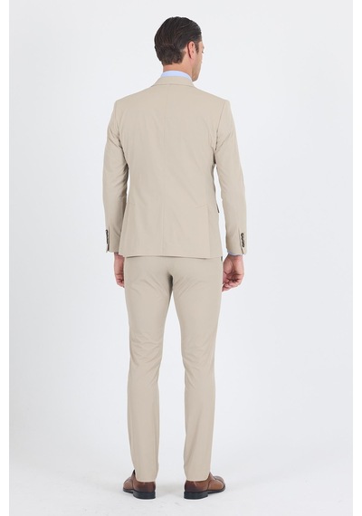 İmza Bej Mono Yaka Yarım Astar 6 Drop Slim Fit Beli Lastikli Takım Elbise 1001250121 Bej