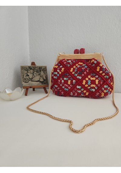 Fikriharika Design Retro, Motifli, Ahşap Burslu, Kadın El Çantası Bordo