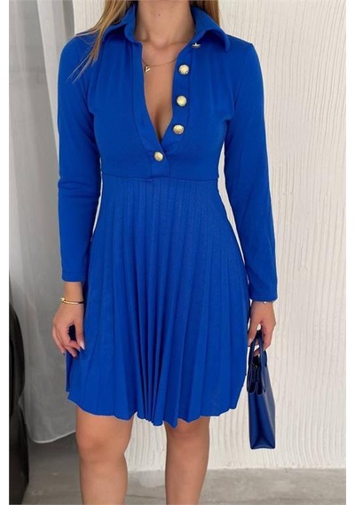 Dip Moda Kadın Triko Düğme Detaylı Pileli Mini Elbise Dpnbk2166 Saks Dip Moda Kadın Triko Düğme Detaylı Pileli Mini Elbise Dpnbk2166 Saks