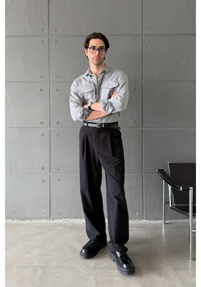 Erkek Baggy Fit Gabardin Kumaş Pantolon Siyah