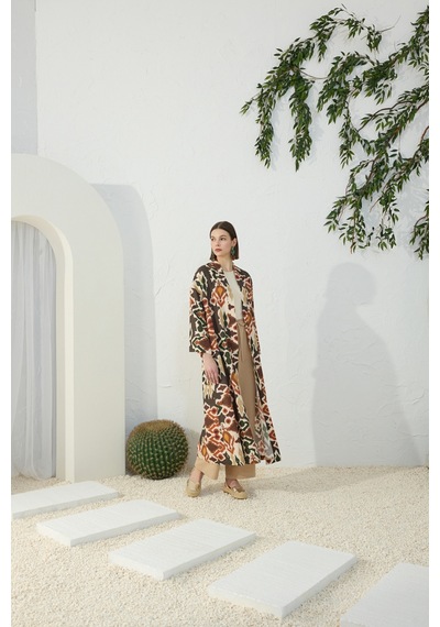 Aker Turuncu Desenli Keten Kimono Turuncu Turuncu