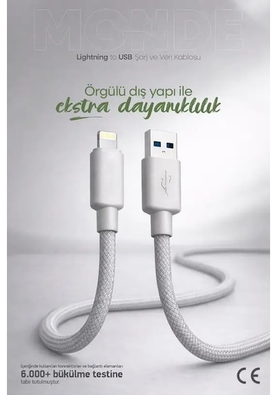 12w Monde Usb-a To Lightning İle Uyumlu Şarj Ve Data Kablosu 1m