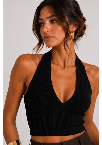 Alexandergardı Sırtı Açık Fitilli Crop Top Siyah