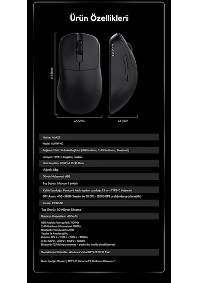 Aj179p Mc 3 Modlu 1000hz 12.000 Dpı Manyetik Şarj Istasyonlu Paw3311 Optik Sensör Gaming Mouse Diğer