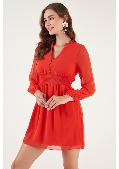 Lela V Yaka Regular Fit Gipeli Düğme Detaylı Şifon Mini Bayan Elbise 611El01433 Orange