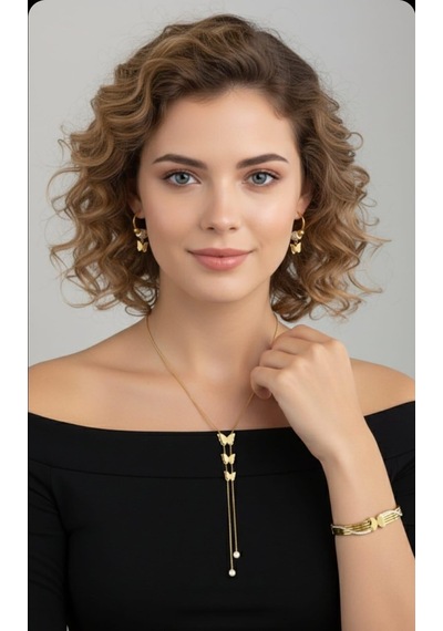Kelebek Gold Çelik Takı Seti Gümüş - Rose Gold