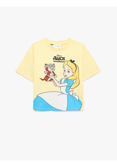 Koton Alice Baskılı Kısa Kollu Bisiklet Yaka Lisanslı Pamuklu Tişört Sarı 6skg10614ak