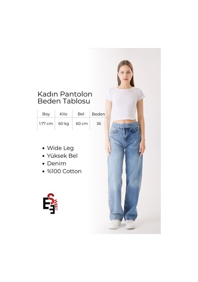 Eseclass Kadın Yüksek Bel Kuşak Detaylı Bol Paça Jean Pantolon Açık Mavi Açık Mavi