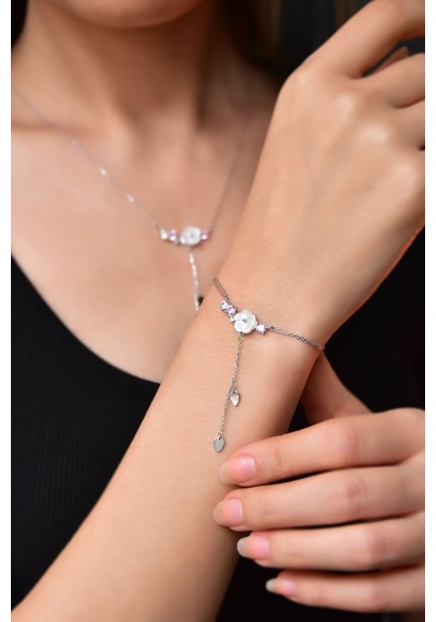 Papatya Silver 925 Ayar Gümüş Rodyum Kaplama Zincir Sallantılı Taşlı Sedef Manolya Çiçeği Kolye ve Bileklik Set