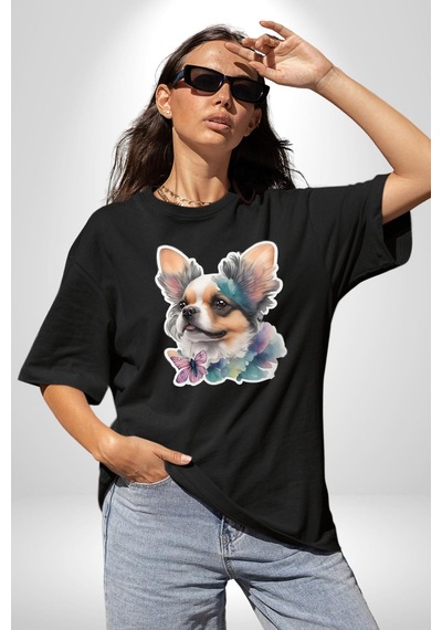 Chihuahua Köpek Pamuklu Bisiklet Yaka Unisex Oversize Boyfriend Dijital Baskılı Siyah T-shirt Siyah