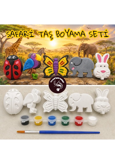 Safari Taş Boyama Seti 6 Obje + 6 Renk Boya + 1 Fırça