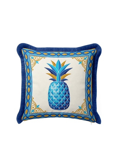 Ananas Tropik Otantik Motifli Saçaklı Yastık Kılıfı - Akdeniz Mavi Lacivert Püsküllü Kırlent Kılıfı Sakin Ufuk Serenat