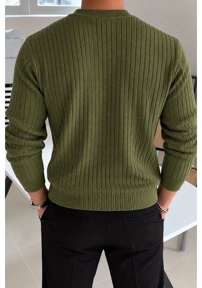 Erkek Bisiklet Yaka Slim Fit Triko Kazak Haki