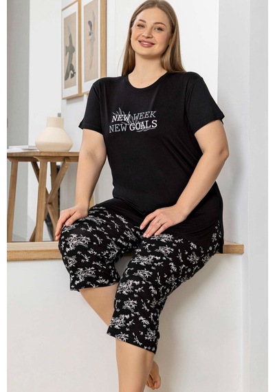 Aydoğan Kadın İnci Büyük Beden Siyah Kapri Pijama Takım 0071 Siyah