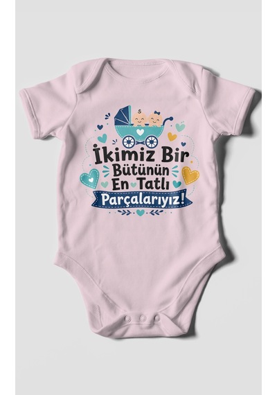 Morivokids İkimiz Bir Bütünün Yazılı Kısa Kollu Bebek Body %100 Pamuk Bebe Pembe