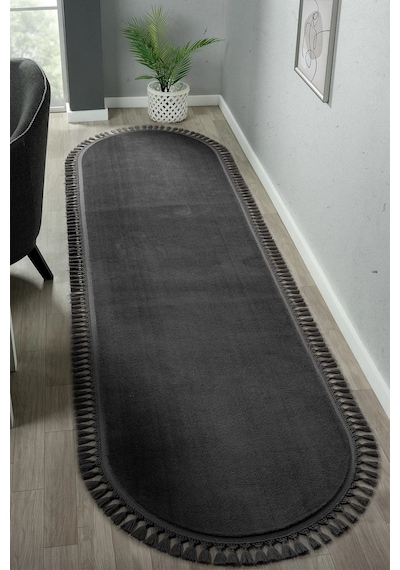 Puffy Gri Oval Örgü Saçaklı Peluş Yumuşacık Yıkanabilir Kaymaz Taban Halı Salon Oturma Odası Antrasit