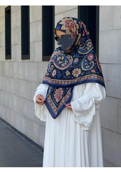 Qalortex Scarf Pamuklu Vintage Desen Eşarp-lacivert