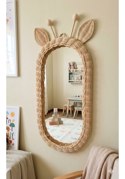 Rattan Bambu El Örmesi Zürafa Model Boy Aynası Ekru