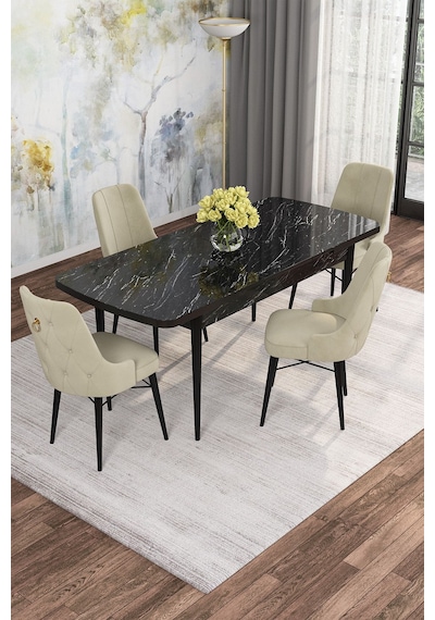 Mona Siyah Mermer 80x132 Açılabilir Mdf Masa Yemek Odası Takımı, Mutfak Takımı 4 Adet Sandalye Siyah Mermer - 4 Krem - Siyah Ayak Mona Siyah Mermer 80x132 Açılabilir Mdf Masa Yemek Odası Takımı, Mutfak Takımı 4 Adet Sandalye Siyah Mermer - 4 Krem - Siyah Ayak