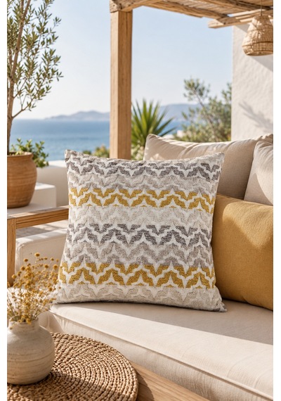 Fuly Consept Rhythmweave Honey Hardal Krem Gri Dokulu Görünümlü Modern Zigzag Kırlent Kılıfı Çok Renkli