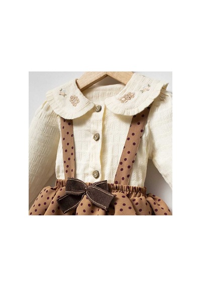 Ministok Mocha Bloom Yakası Nakış Detaylı Puantiyeli 2'li Kız Bebek Salope Kahverengi