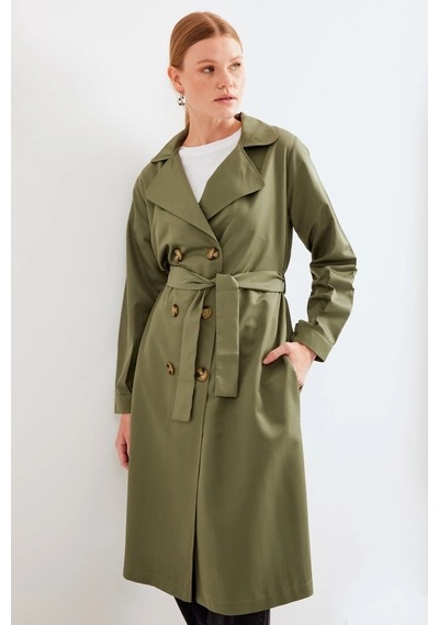 Defymoda 5853 Kruvaze Yaka Trençkot - Haki Haki