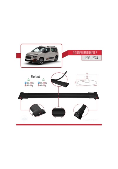Citroen Berlingo 3 2019-2023 Arası İle Uyumlu Fly Model Ara Atkı Tavan Barı Siyah 4 Adet Bar