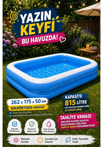 Hak-iş Oyuncak 262x175x50 CM Dikdörtgen Şişme Aile Havuzu + 30 CM Çift Fonksiyon El Pompası Dahil
