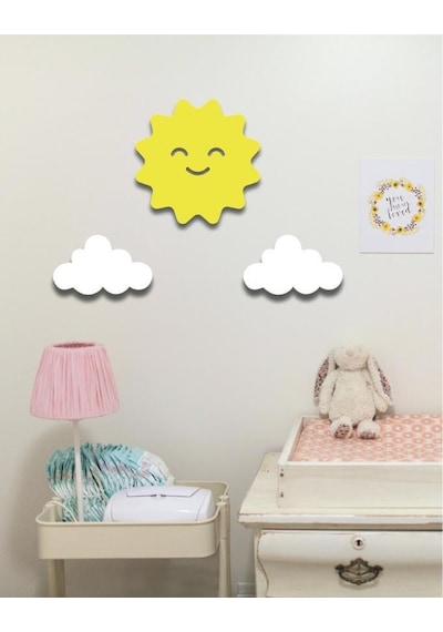 Güneş + 2 Beyaz Bulut Duvar Süsü Çocuk Odası Bebek Odası Duvar Sü