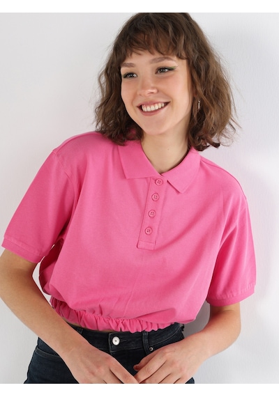 Colin's Normal Kesim Polo Yaka Crop Pembe Kadın Kısa Kol Tişört CL1064048_Q1.V1_PFS