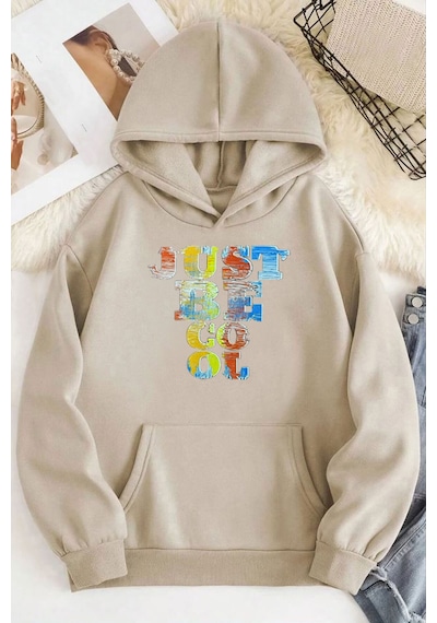 Medinenur Just Be Cool Baskılı Kapüşonlu Sweatshirt Bej