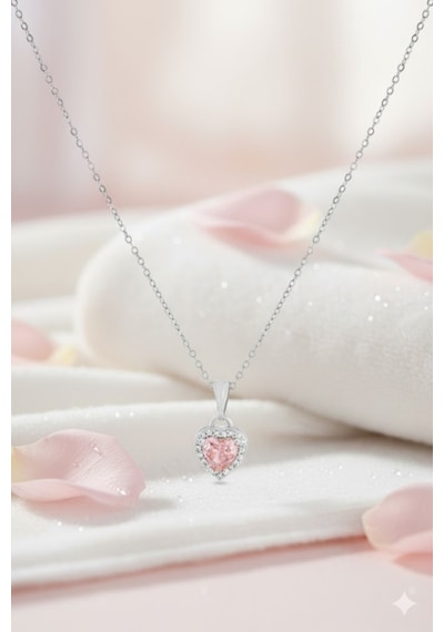 Pembe Kalp Taşlı Kadın Kolye - Zirkon Çerçeveli Şık Bijuteri Kolye Pembe