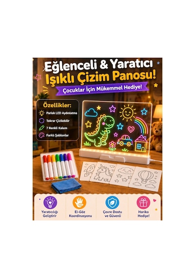 Led Işıklı Yazı Çizim Ve Boyama Tahtası 30x20 Cm 7 Renk Kalemli Silinebilir Usb Li Eğitici Çocuk Çizim Panosu Şeffaf