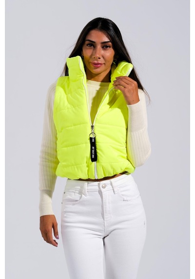 Keyifli Moda Kadın Neon Yeşil Sırtı Taş İşlemeli Dik Yaka Kısa Şişme Yelek-neon Yeşil Neon Yeşil
