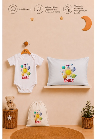 Pia Baby Erkek Bebek İsme Özel Hediye Seti %100 Pamuk Body Yastık Kılıfı Ve Ham Bez Bebek Kıyafet Kesesi 2056byk2x Ekru