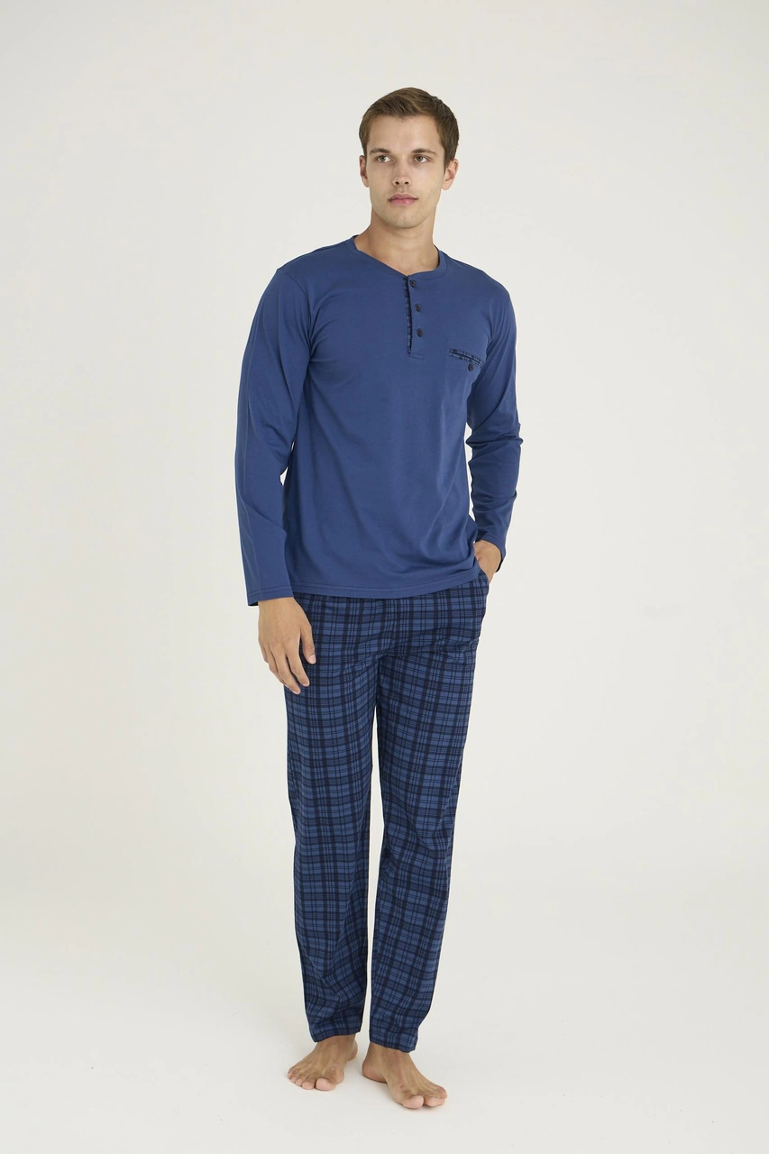 Kly Erkek %100 Pamuklu 4 Mevsim Kumaş Ekoseli Uzun Kollu Pijama Takım İndigo