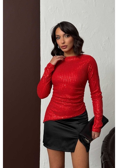 Verymoda Parlak Payetli Uzun Kollu Bluz - F2060 Kırmızı