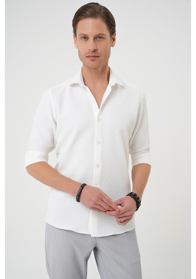 Efor Slim Fit Gofre Kumaş Desenli Kısa Kol Beyaz Gömlek G 1592 Beyaz
