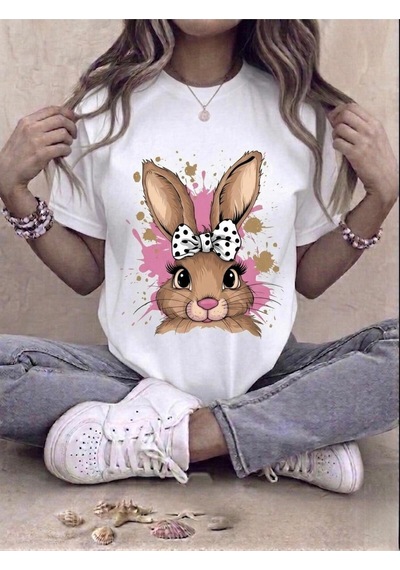Sevimli Tavşan Figür Baskılı Kompakt T-shirt Beyaz