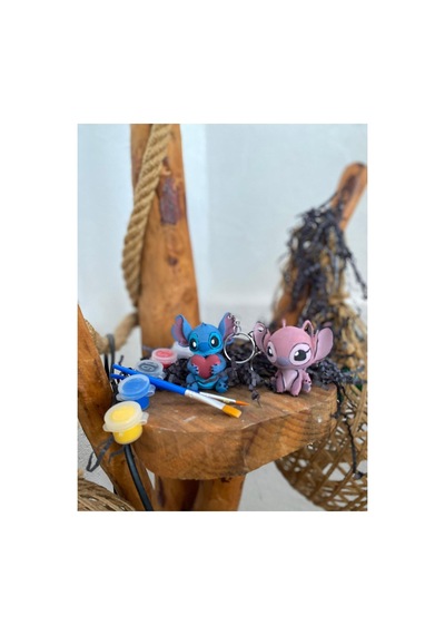 Stitch & Angel Anahtarlık Boyama Seti Sevgililer Günü Özel Hediye, 6 Renk Boya + Fırça