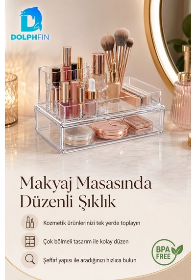 Çekmeceli Podyum Kozmetik Organizer Şeffaf Makyaj Takı Ruj Oje Pamuk Düzenleyici